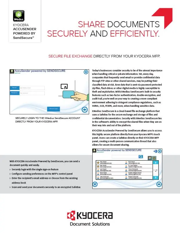 Kyocera Software Capture And Distribution Accusender Powered By Sendsecure Data Sheet Thumb, Executive OfficeLinx, Monroe, LA, Kyocera, Sharp, Dealer, Reseller, Louisiana