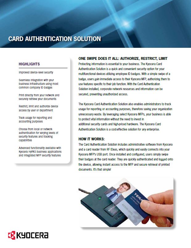Kyocera Software Cost Control And Security Card Authentication Data Sheet Thumb, Executive OfficeLinx, Monroe, LA, Kyocera, Sharp, Dealer, Reseller, Louisiana