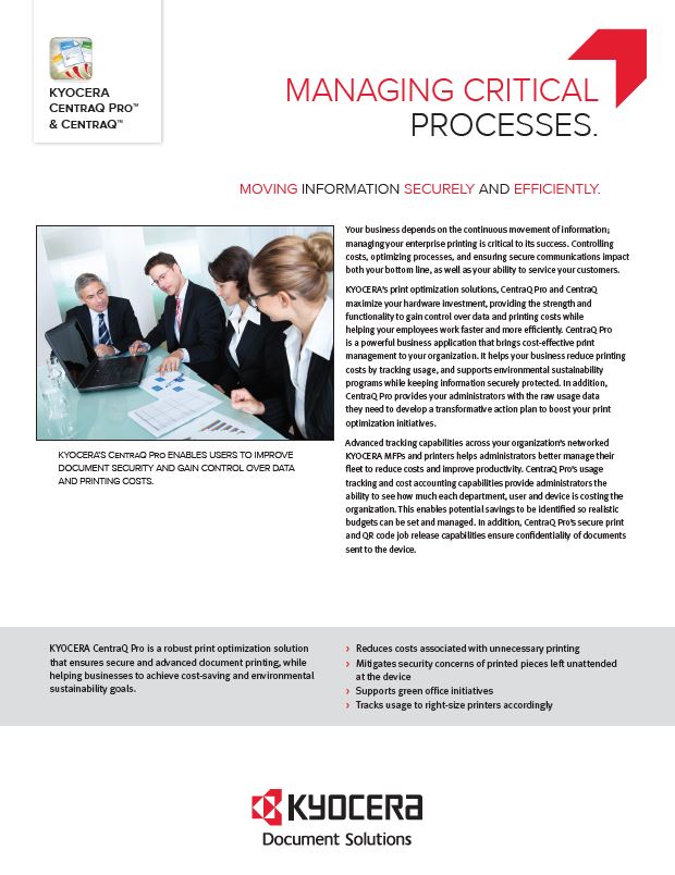 Kyocera Software Cost Control And Security Centraq Pro Data Sheet Thumb, Executive OfficeLinx, Monroe, LA, Kyocera, Sharp, Dealer, Reseller, Louisiana