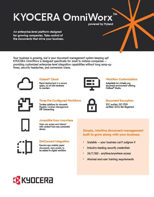 Kyocera Software Document Management Kyocera Omniworx Powered By Hyland Data Sheet Thumb, Executive OfficeLinx, Monroe, LA, Kyocera, Sharp, Dealer, Reseller, Louisiana