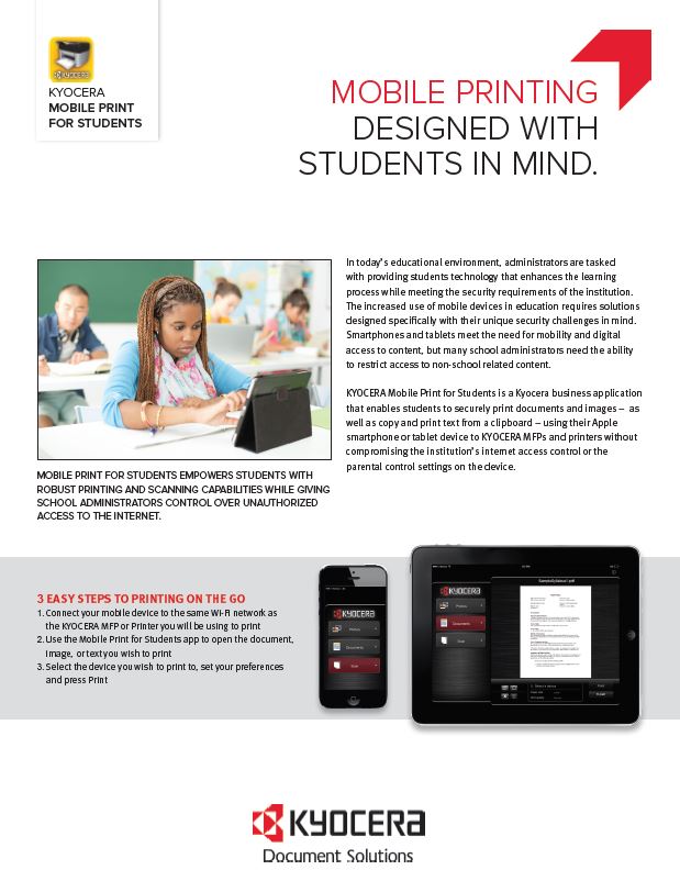 Kyocera Software Mobile And Cloud Kyocera Mobile Print For Students Data Sheet Thumb, Executive OfficeLinx, Monroe, LA, Kyocera, Sharp, Dealer, Reseller, Louisiana