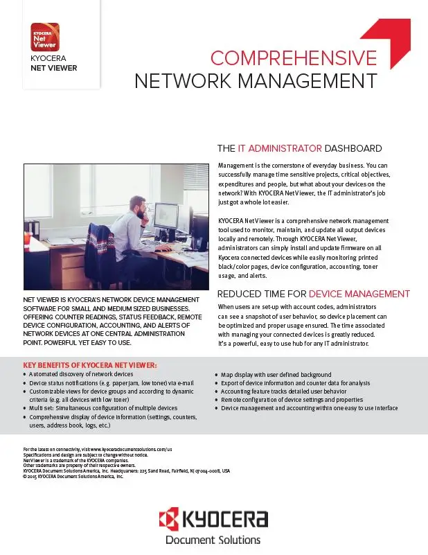 Kyocera Software Network Device Management Kyocera Net Viewer Data Sheet Thumb, Executive OfficeLinx, Monroe, LA, Kyocera, Sharp, Dealer, Reseller, Louisiana