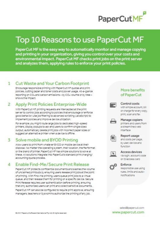 Top 10 Reasons, Papercut MF, Executive OfficeLinx, Monroe, LA, Kyocera, Sharp, Dealer, Reseller, Louisiana