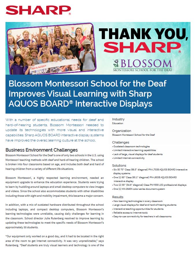 Blossom Montessori School For The Deaf Aquos Board Pdf Cover, Aquos board, Sharp, Executive OfficeLinx, Monroe, LA, Kyocera, Sharp, Dealer, Reseller, Louisiana