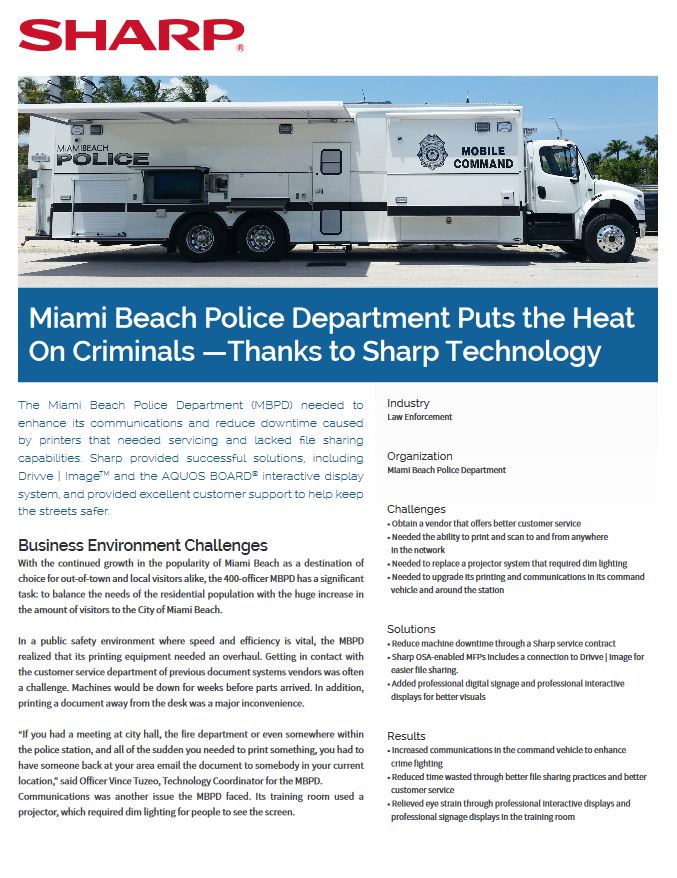 Miami Beach Police Aquos Pdf Cover, Aquos board, Sharp, Executive OfficeLinx, Monroe, LA, Kyocera, Sharp, Dealer, Reseller, Louisiana